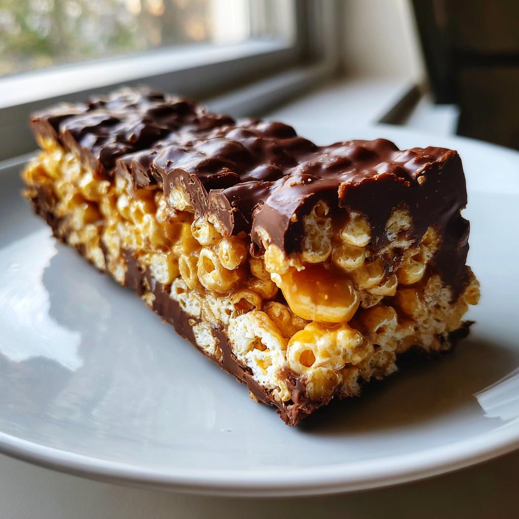 Nahaufnahme eines saftigen Karamell-Popcorn-Schoko-Riegels mit karamellisierten Puffreis-Körnern und dunkler Schokoladenglasur.