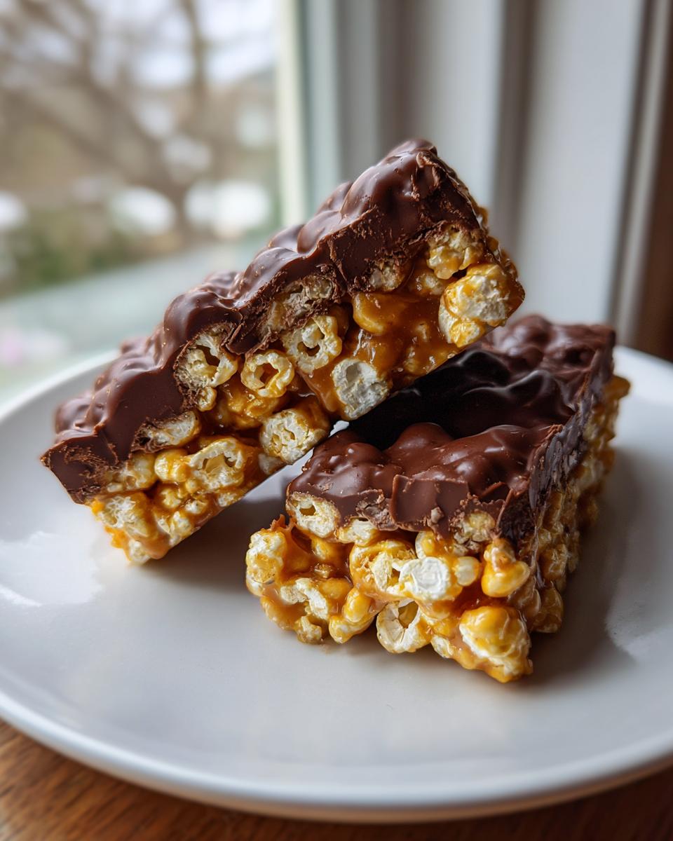 Zwei köstliche Karamell-Popcorn-Schoko-Riegel, übereinander gestapelt, mit klebrigem Karamell und knackigem Popcorn.