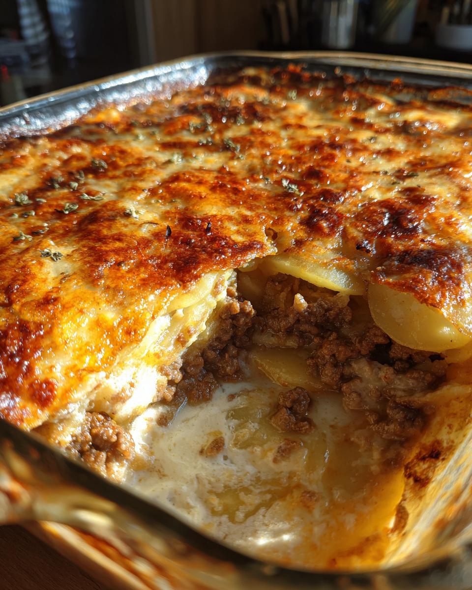 Ein goldbraun überbackener Kartoffelauflauf Hausfrauenart mit sichtbarer Hackfleischfüllung und cremiger Soße.