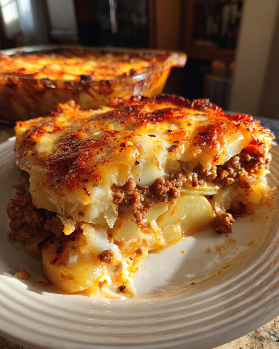 Ein großzügiger Anschnitt vom Kartoffelauflauf Hausfrauenart mit geschichteten Kartoffeln und Hackfleisch, überbacken mit Käse.