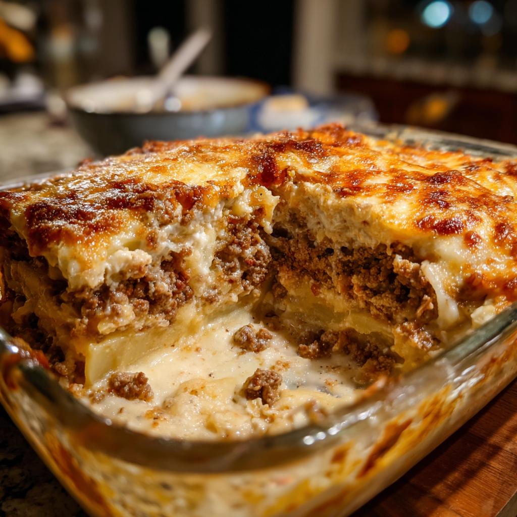 Ein Anschnitt vom saftigen Kartoffelauflauf Hausfrauenart mit Hackfleisch und goldbrauner Käsekruste.
