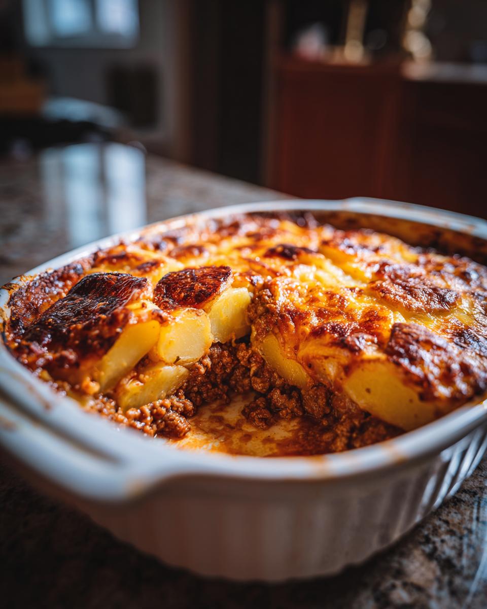Nahaufnahme von einem saftigen Kartoffelauflauf Hausfrauenart mit Hackfleisch und goldbraun überbackenen Kartoffelscheiben.