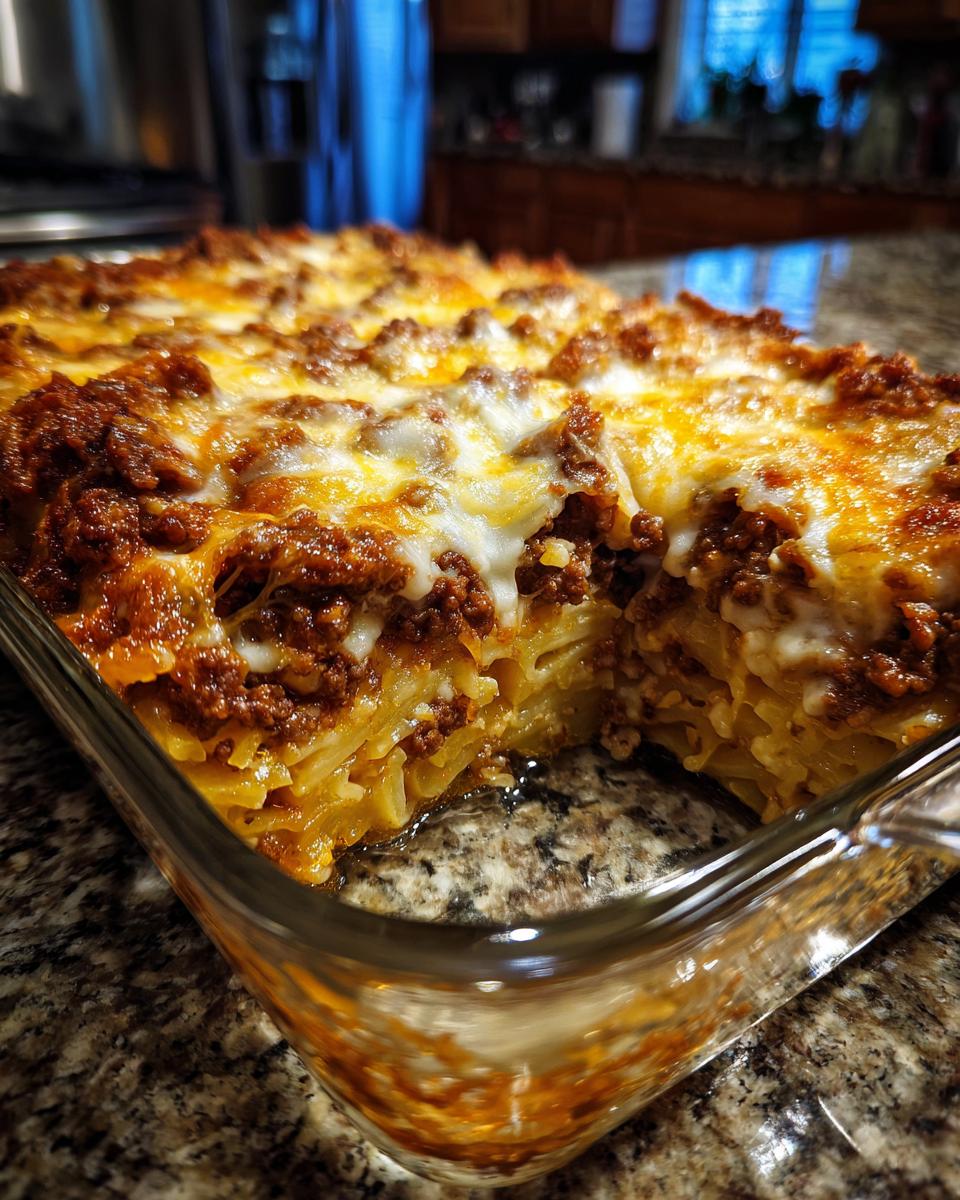 Ein Auflauf mit Kartoffeln, Hackfleischsauce und geschmolzenem Käse, der Kartoffelauflauf Hausfrauenart.