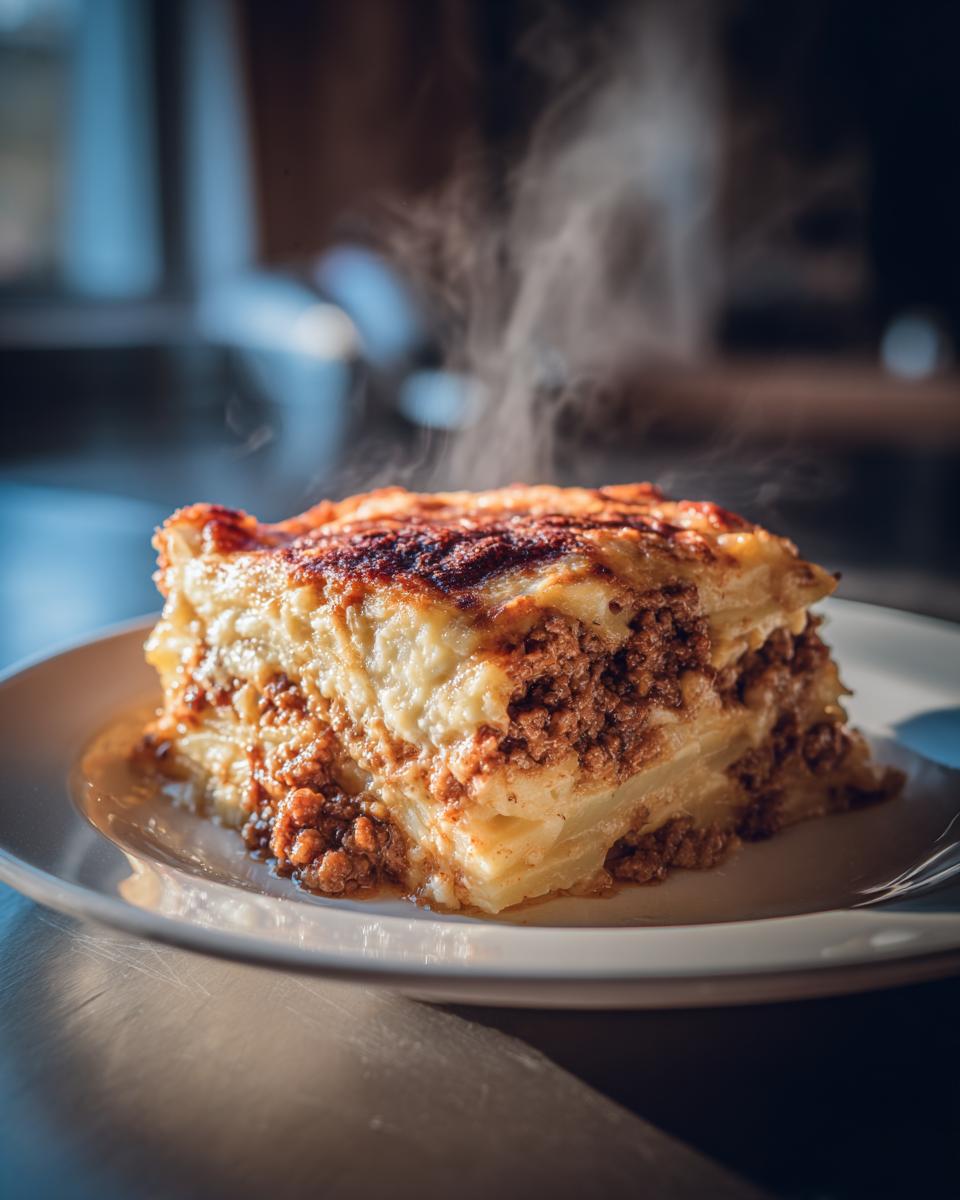 Eine dampfende Portion Kartoffelauflauf Hausfrauenart mit Hackfleischschichten auf einem weißen Teller.