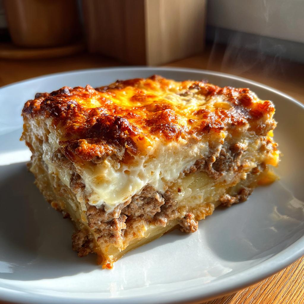 Ein dampfendes, goldbraun überbackenes Stück Kartoffelauflauf Hausfrauenart auf einem weißen Teller.