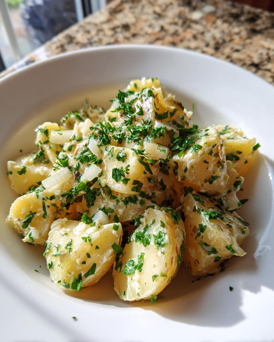 Nahaufnahme von cremigem Kartoffelsalat wie von Oma, garniert mit viel frischer Petersilie und Zwiebelstücken.