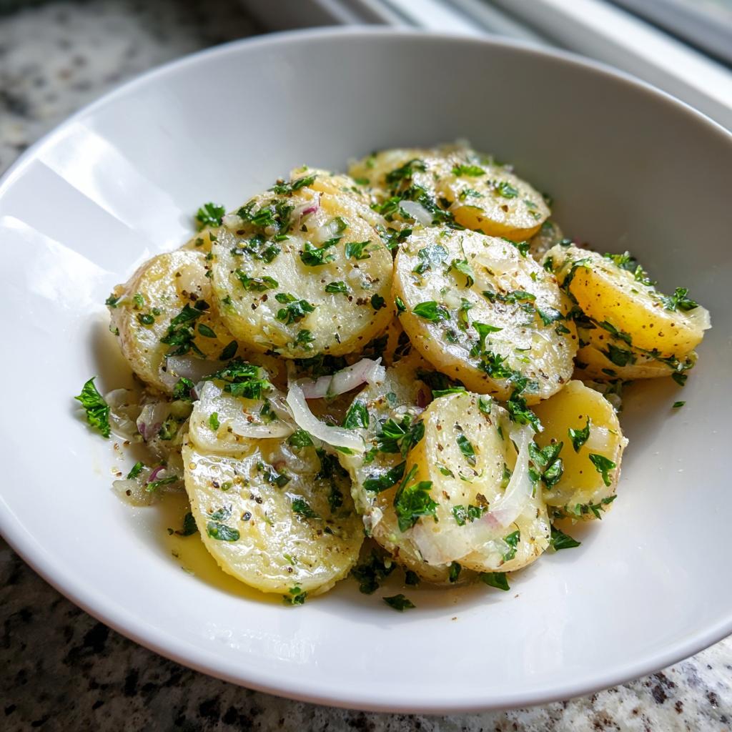 Nahaufnahme von Kartoffelsalat wie von Oma mit viel Petersilie und Zwiebeln in einer weißen Schüssel.