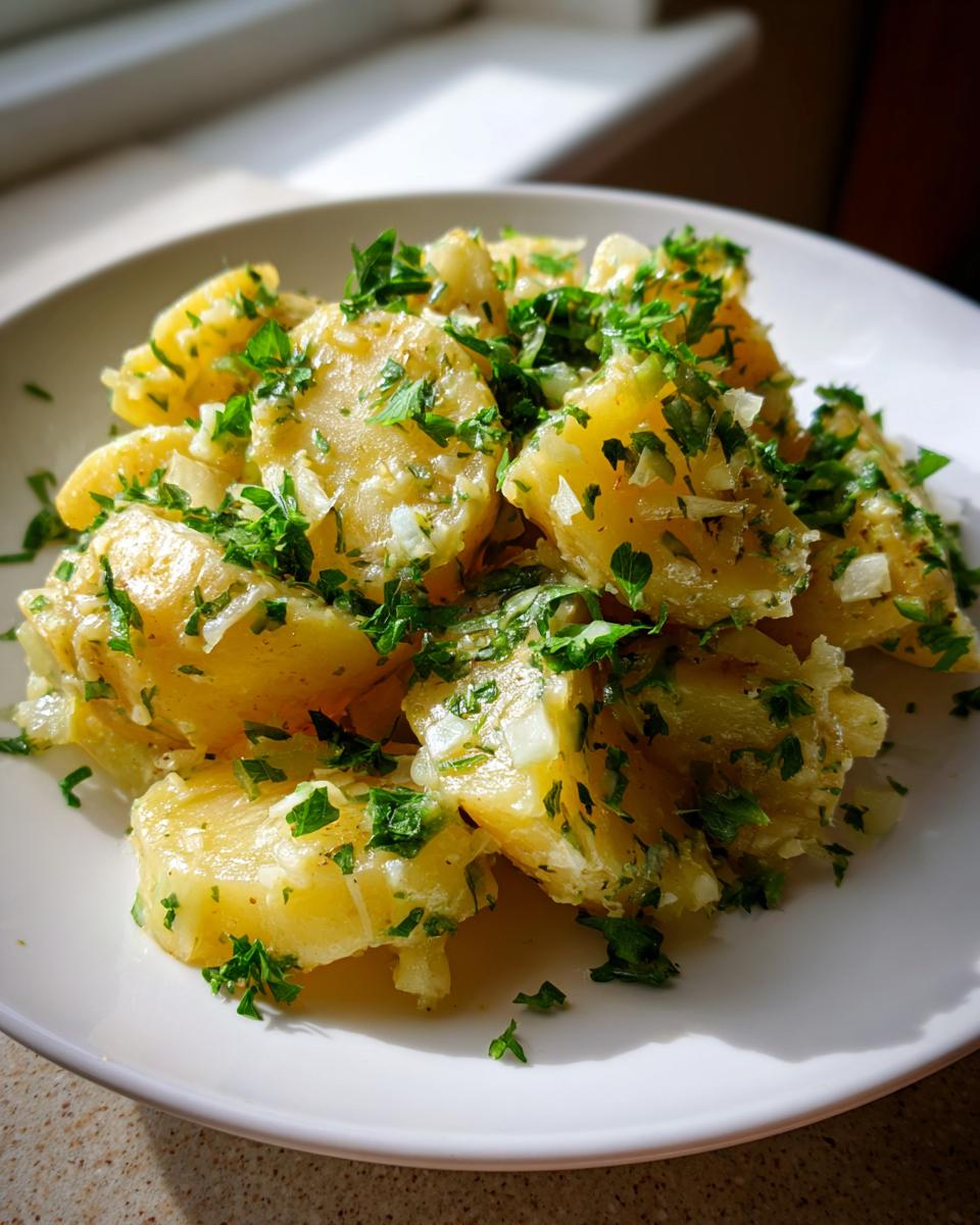 Nahaufnahme von Kartoffelsalat wie von Oma, garniert mit viel frischer Petersilie und Zwiebelstücken auf einem weißen Teller.
