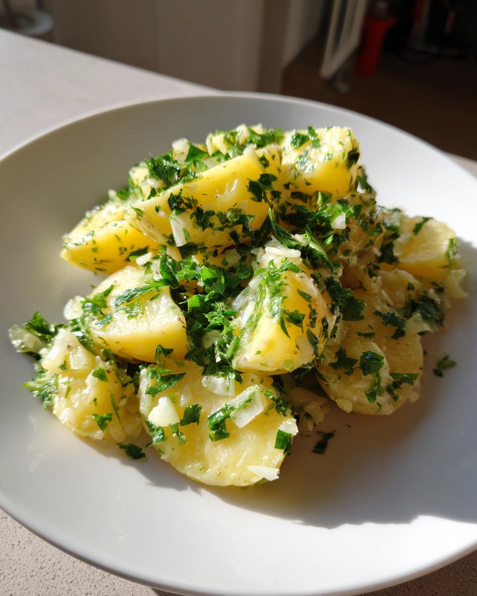 Ein Teller mit Kartoffelsalat wie von Oma, üppig garniert mit frischer Petersilie und Zwiebelstückchen.