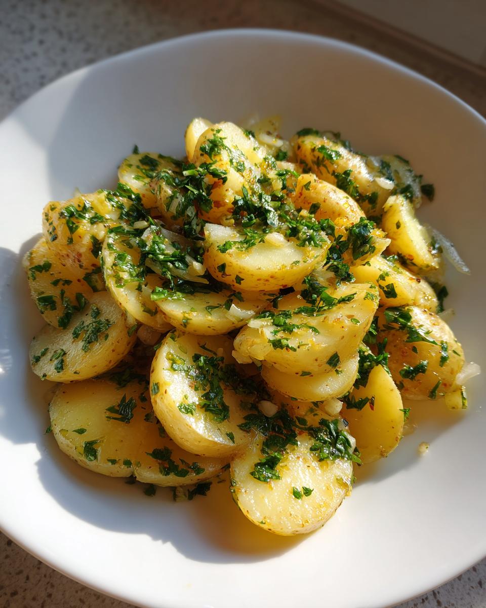 Nahaufnahme von lauwarmem Kartoffelsalat wie von Oma, garniert mit viel frischer Petersilie.