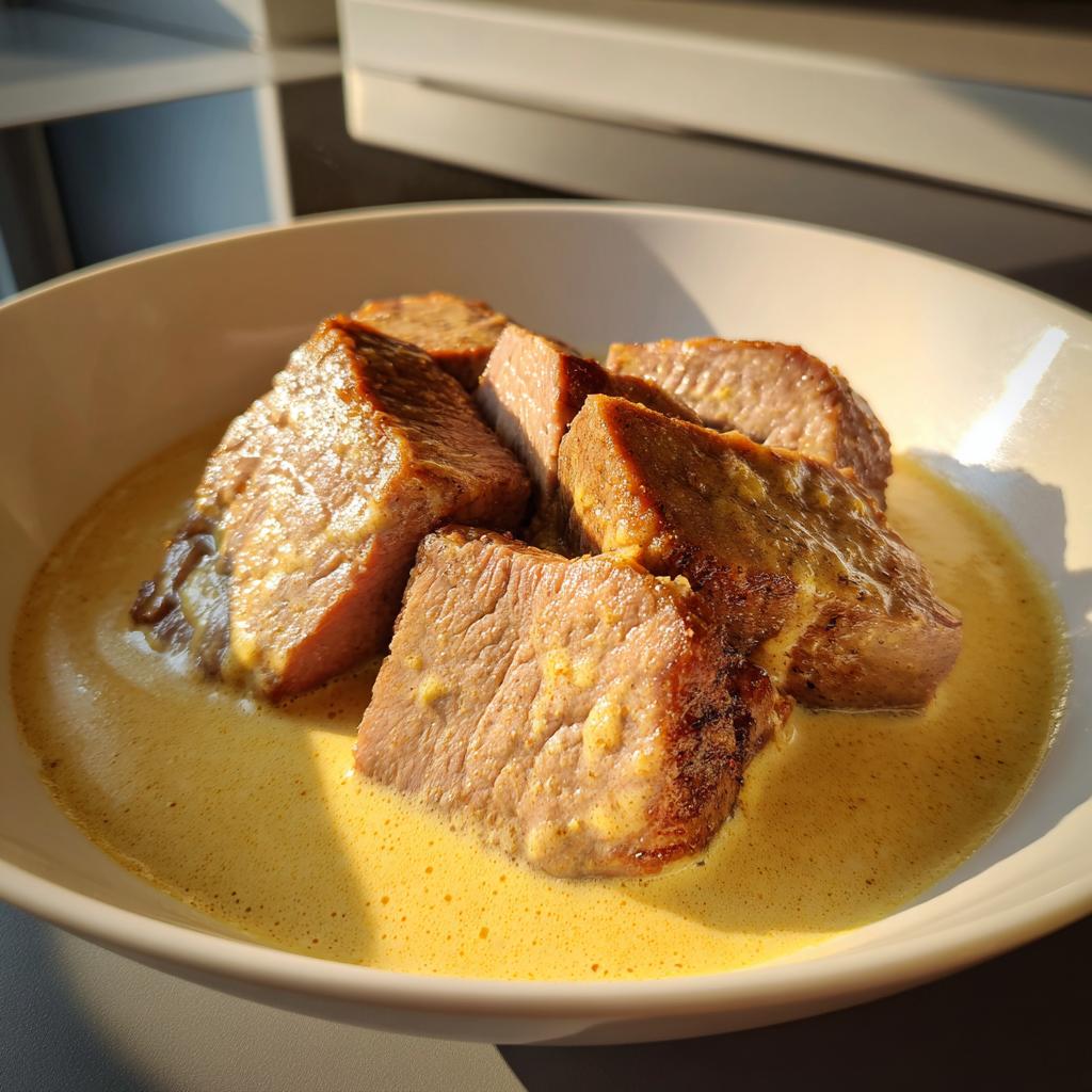 Nahaufnahme von saftigen Kasselerstücken in einer cremigen, gelben Senfrahmsauce.