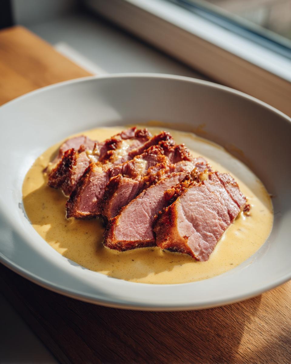 Aufgeschnittenes Kasseler in einer hellgelben Senfrahmsauce in einer weißen Schale.