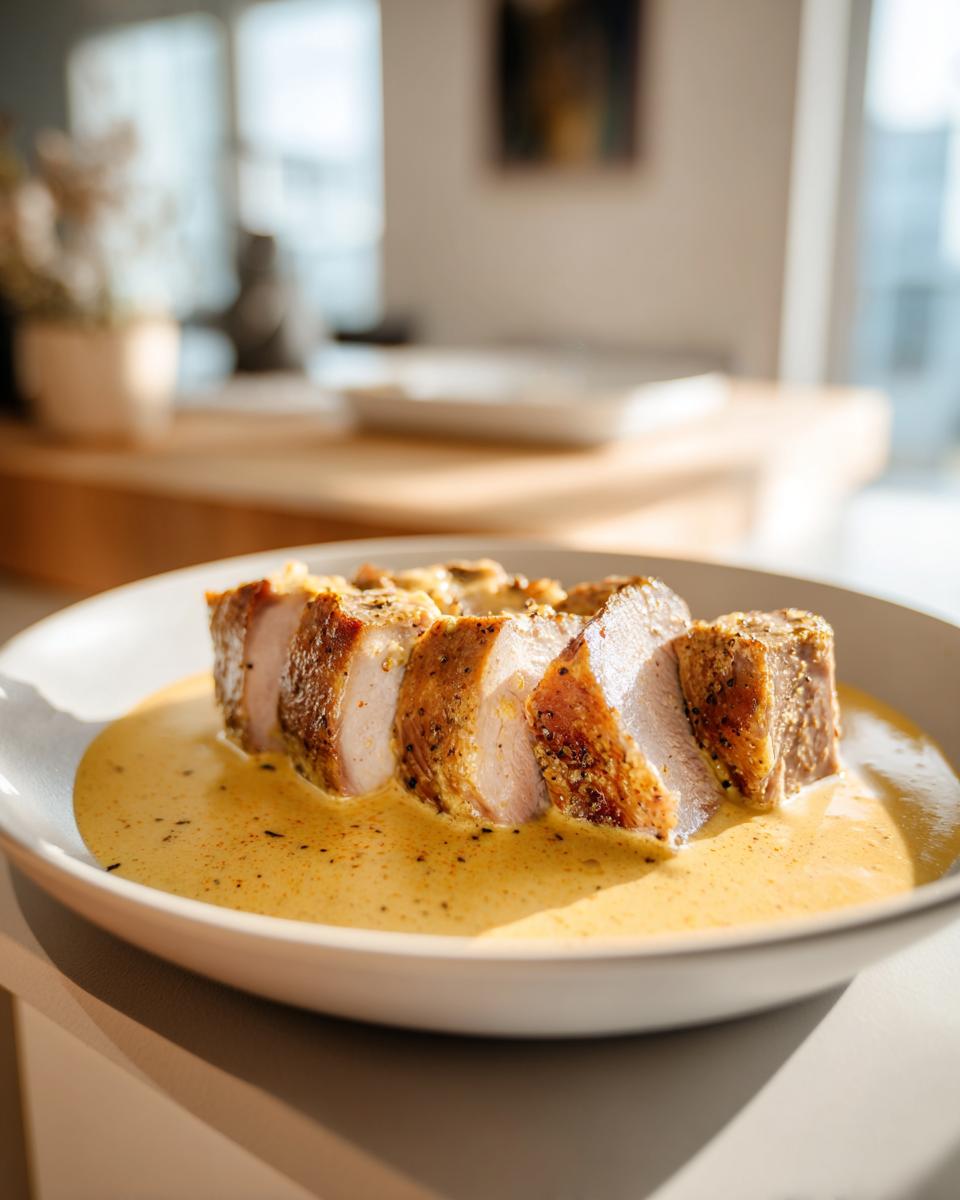 Aufgeschnittener Kasseler in cremiger Senfrahmsauce, perfekt angerichtet auf einem Teller.