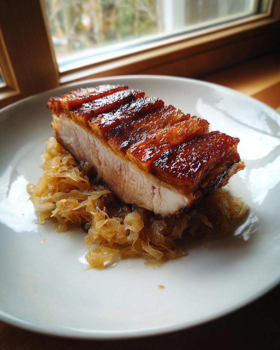 Ein dickes Stück Kasseler mit knuspriger Kruste auf einem Bett aus goldbraunem Sauerkraut.