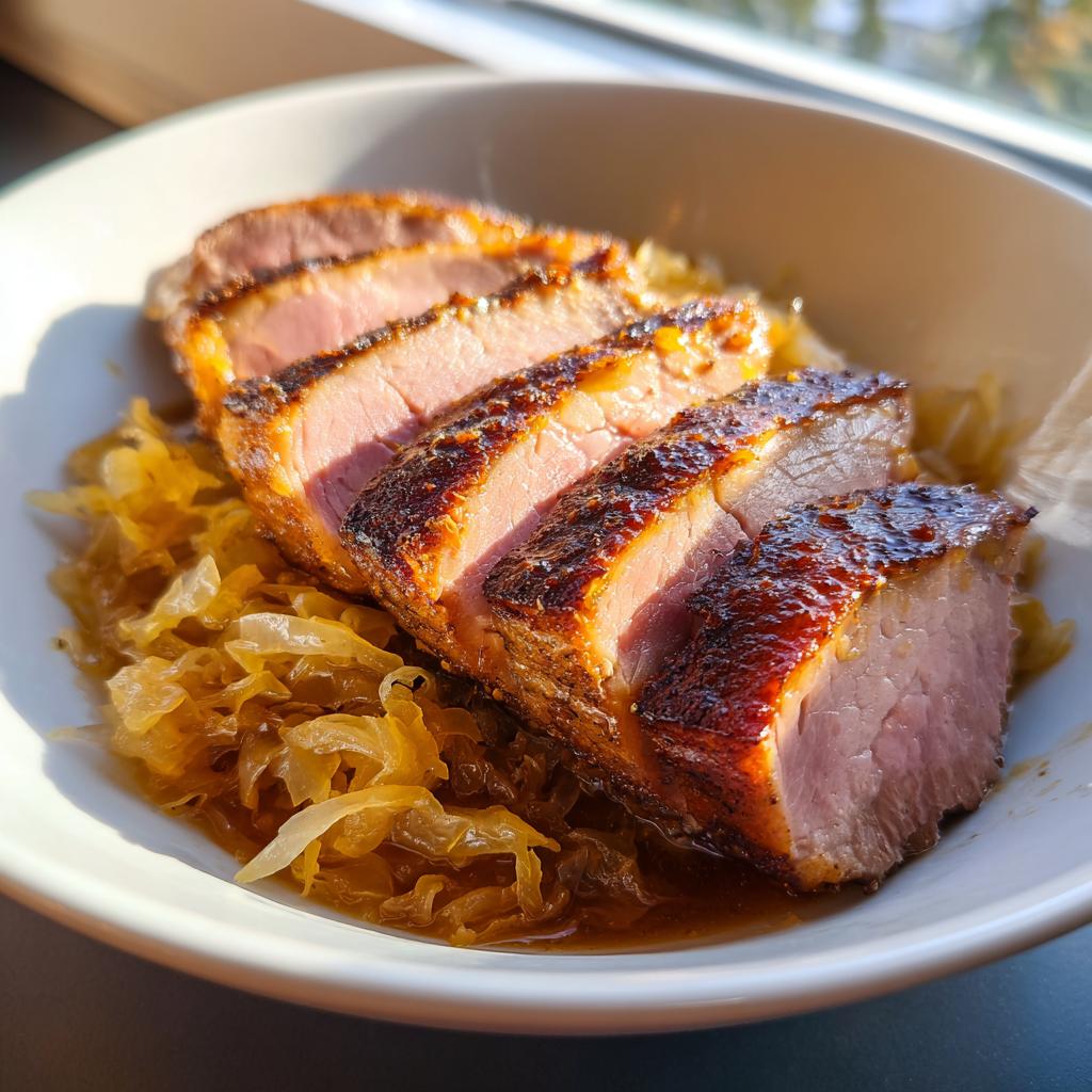 Aufgeschnittenes, saftiges Kasseler mit knuspriger Kruste auf einem Bett aus goldbraunem Sauerkraut.