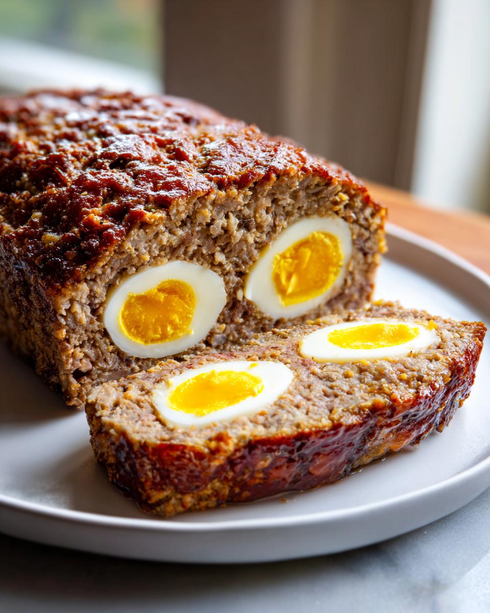 Nahaufnahme von saftigem Hackbraten mit Ei-Füllung, aufgeschnitten auf einem Teller.