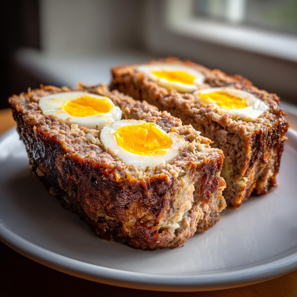 Zwei dicke Scheiben klassischer Hackbraten mit Ei-Füllung, aufgeschnitten und auf einem weißen Teller serviert.