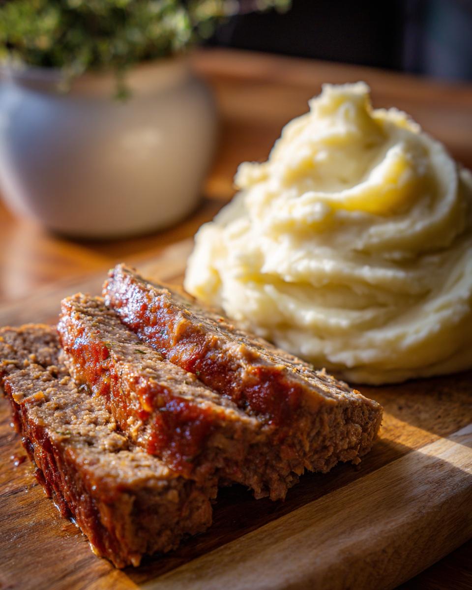 Zwei Scheiben saftiger Hackbraten mit glänzender Glasur neben einem Berg Kartoffelpüree.