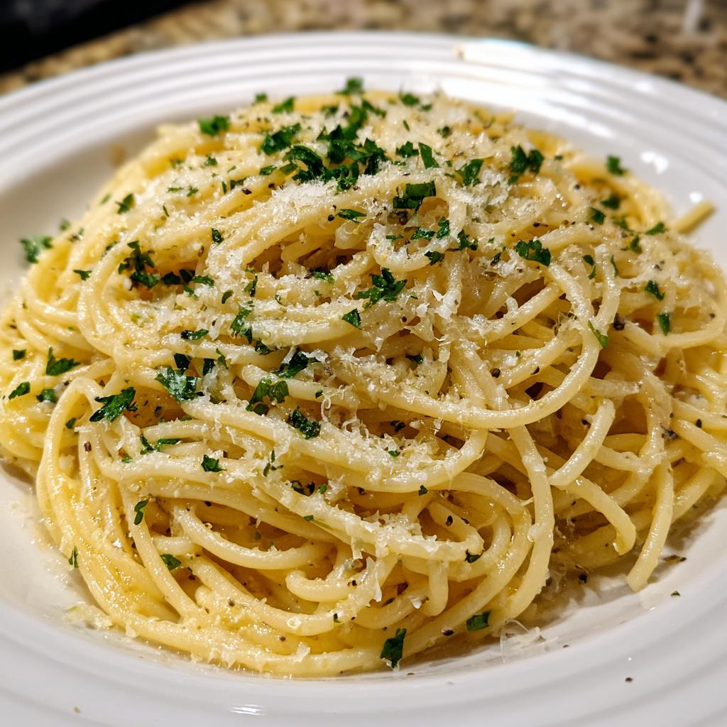 Nahaufnahme von cremigen Knoblauchbutter-Spaghetti mit Parmesan und frischer Petersilie.