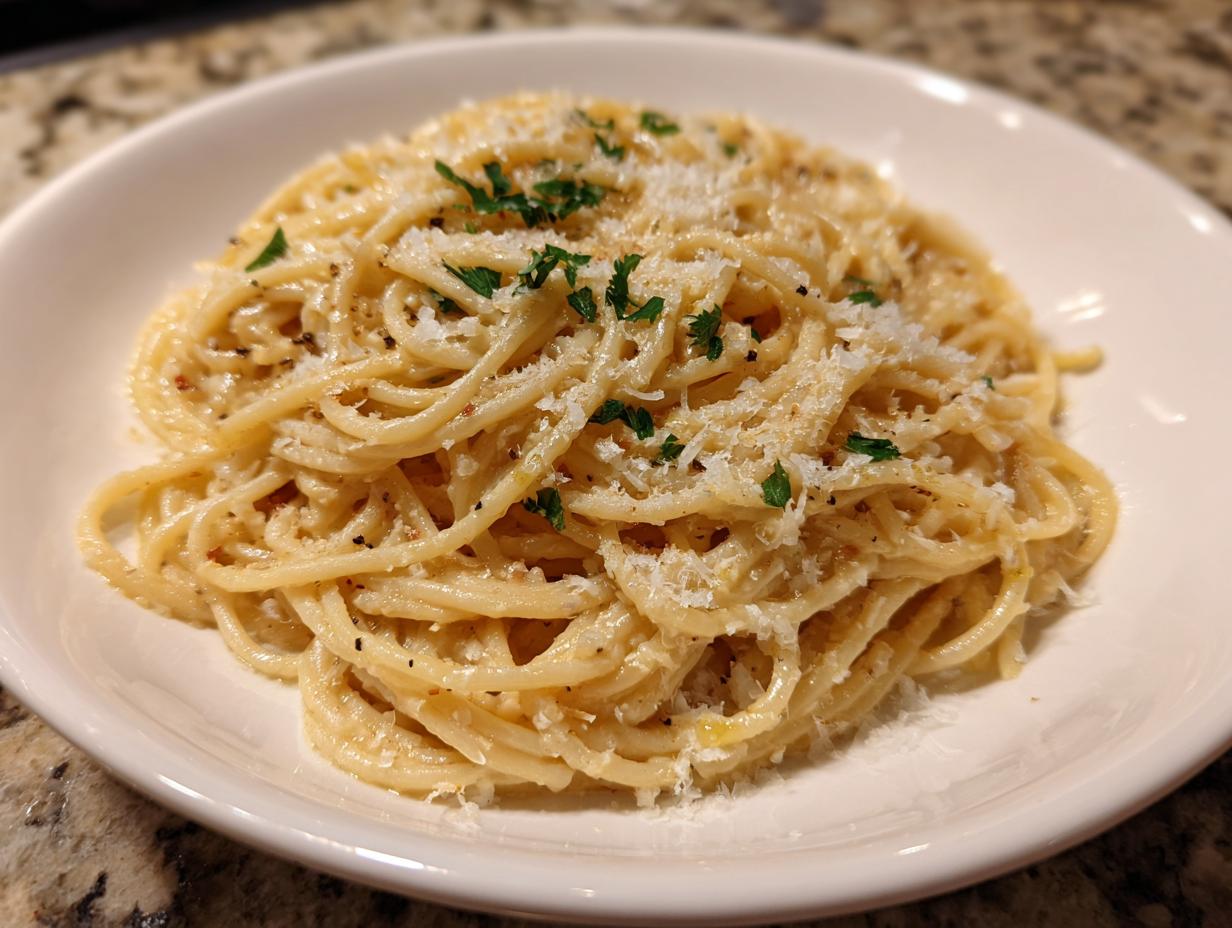 Nahaufnahme von cremigen Knoblauchbutter-Spaghetti mit Parmesan und frischer Petersilie.