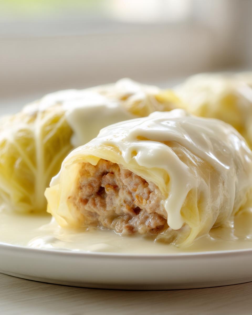 Nahaufnahme von angeschnittenen Kohlrouladen in Rahmsauce, die saftige Füllung ist sichtbar.