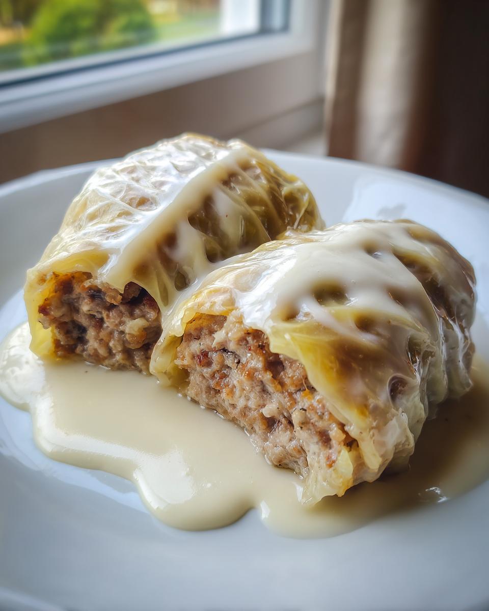 Zwei aufgeschnittene Kohlrouladen in Rahmsauce, die saftige Füllung ist gut sichtbar.