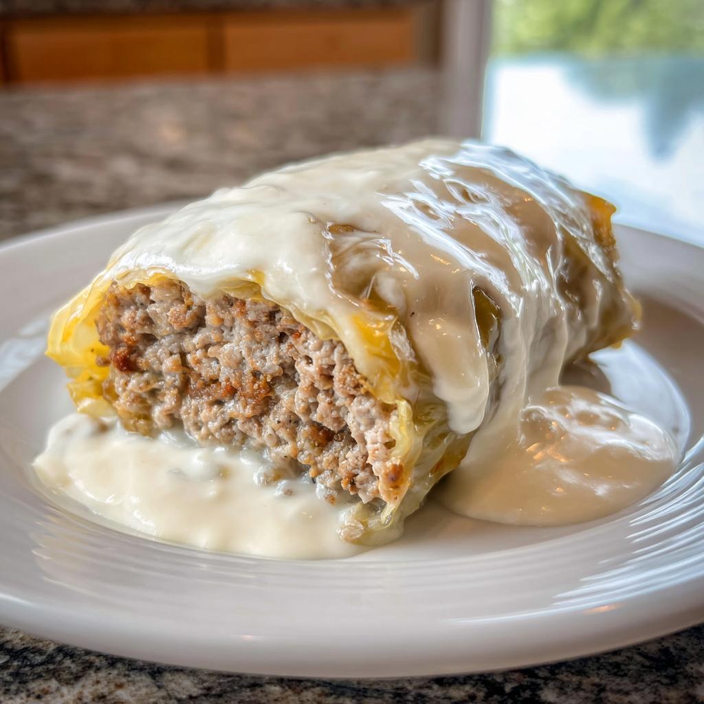 Ein aufgeschnittenes Kohlrouladen in Rahmsauce auf einem weißen Teller, die Füllung ist gut sichtbar.