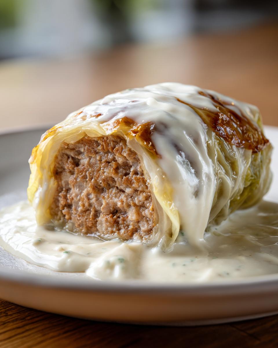 Nahaufnahme eines angeschnittenen Kohlrouladen in Rahmsauce, die saftige Hackfleischfüllung ist gut sichtbar.