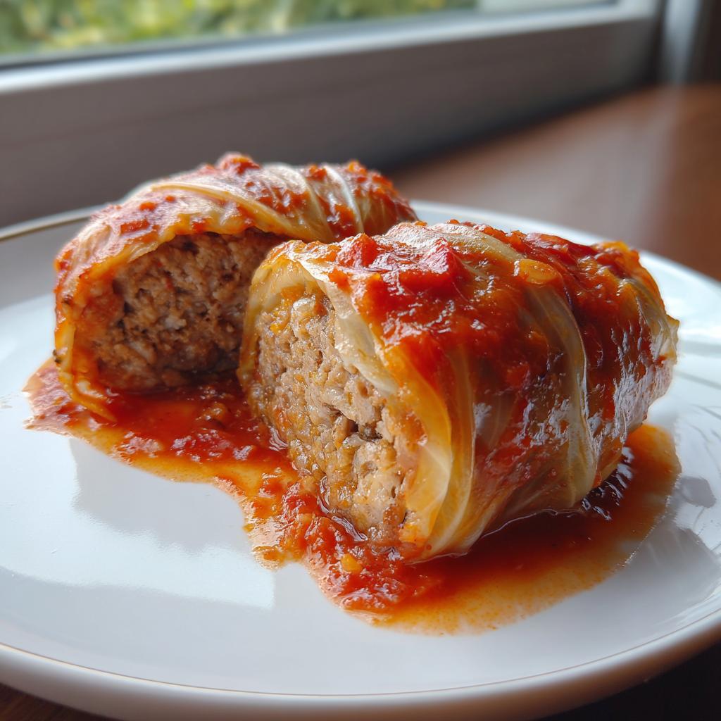 Zwei angeschnittene Kohlrouladen in Tomatensauce auf einem weißen Teller, das saftige Hackfleisch ist sichtbar.