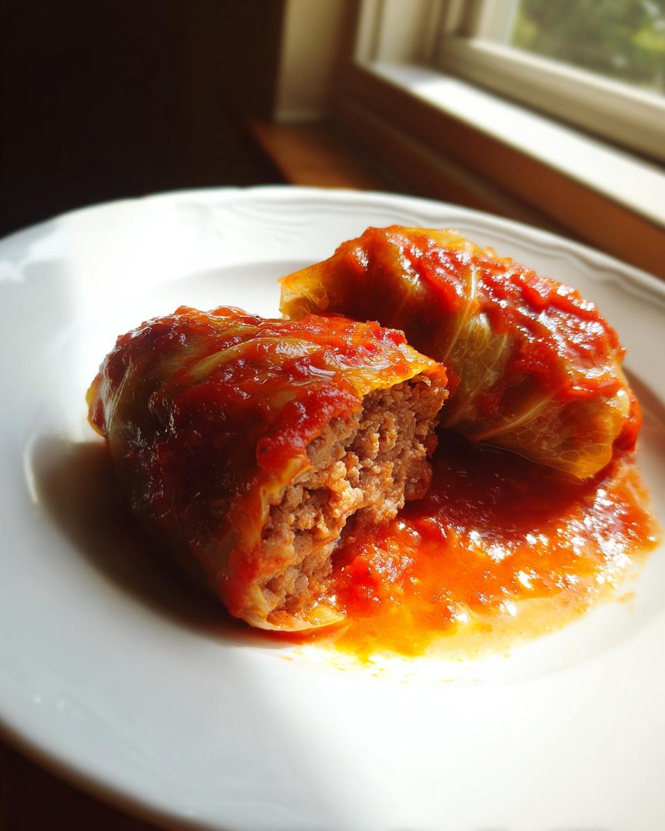 Zwei saftige Kohlrouladen in Tomatensauce auf einem weißen Teller, eine davon angeschnitten, um die Füllung zu zeigen.