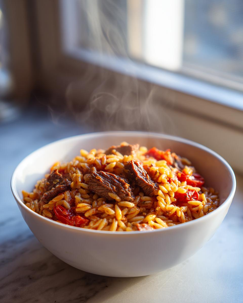 Nahaufnahme von dampfendem Kritharaki mit Steakstreifen und Tomaten in einer weißen Schüssel.