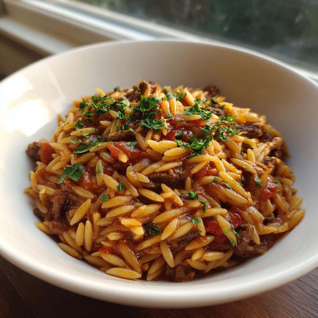 Nahaufnahme von Kritharaki mit Steakstreifen in einer tiefen weißen Schale, garniert mit frischer Petersilie.