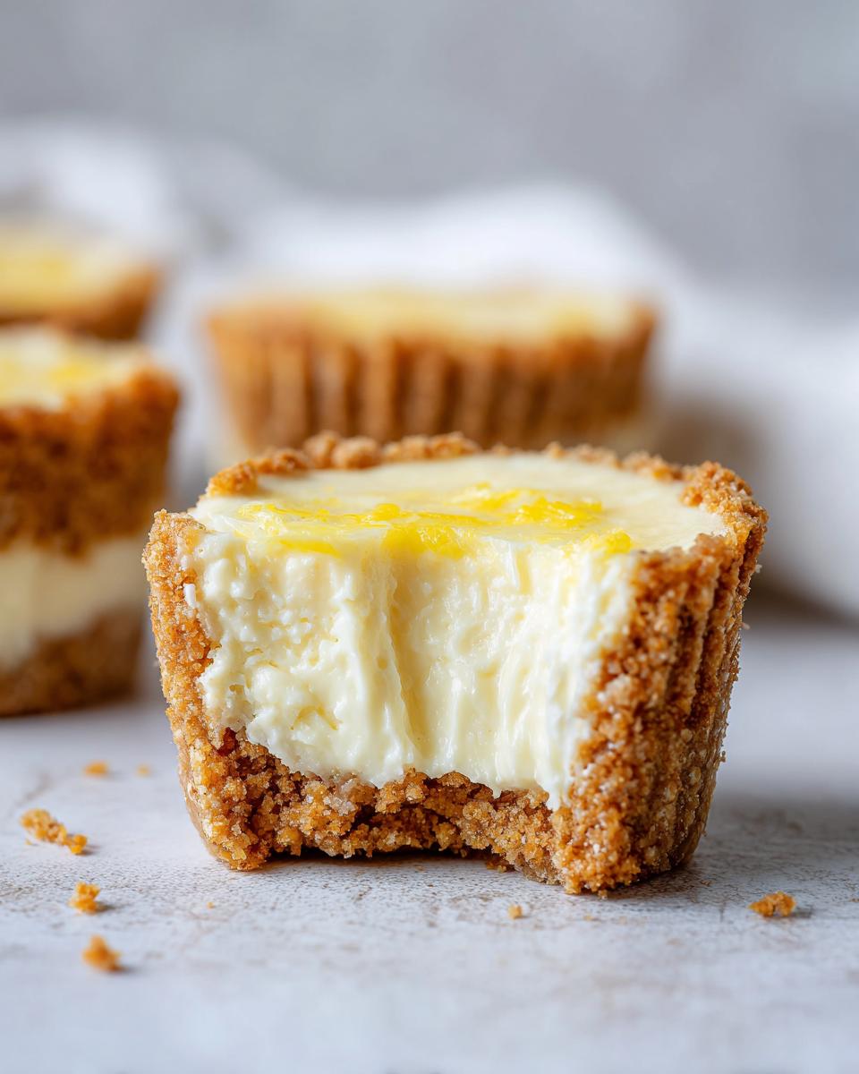 Nahaufnahme eines angeschnittenen Lemon-Curd-Cheesecake-Cups mit cremigem Inneren und knusprigem Keksboden.