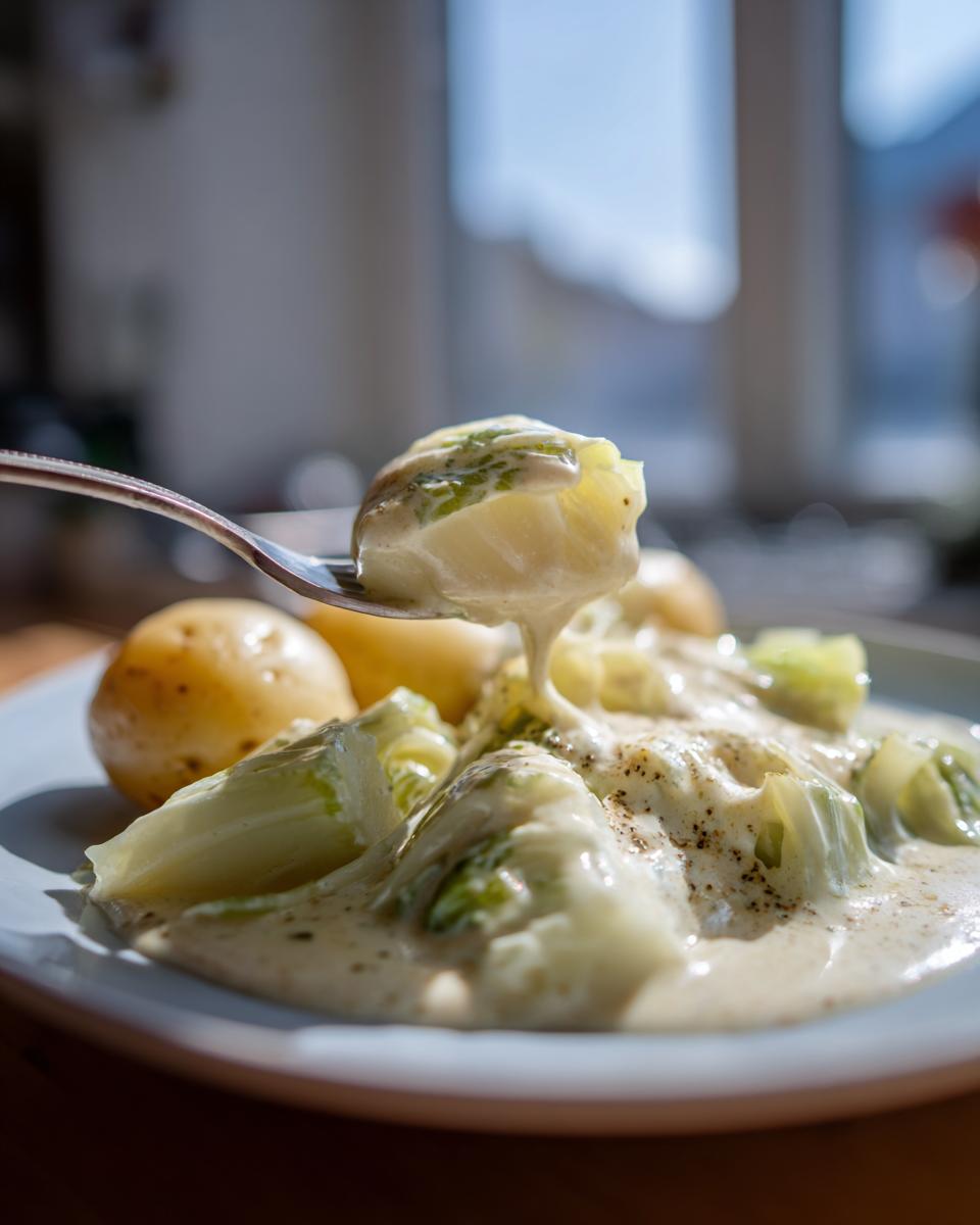 Ein Löffel mit cremigem Rahmkohlrabi wird über einem Teller mit Rahmkohlrabi mit Kartoffeln gehalten.