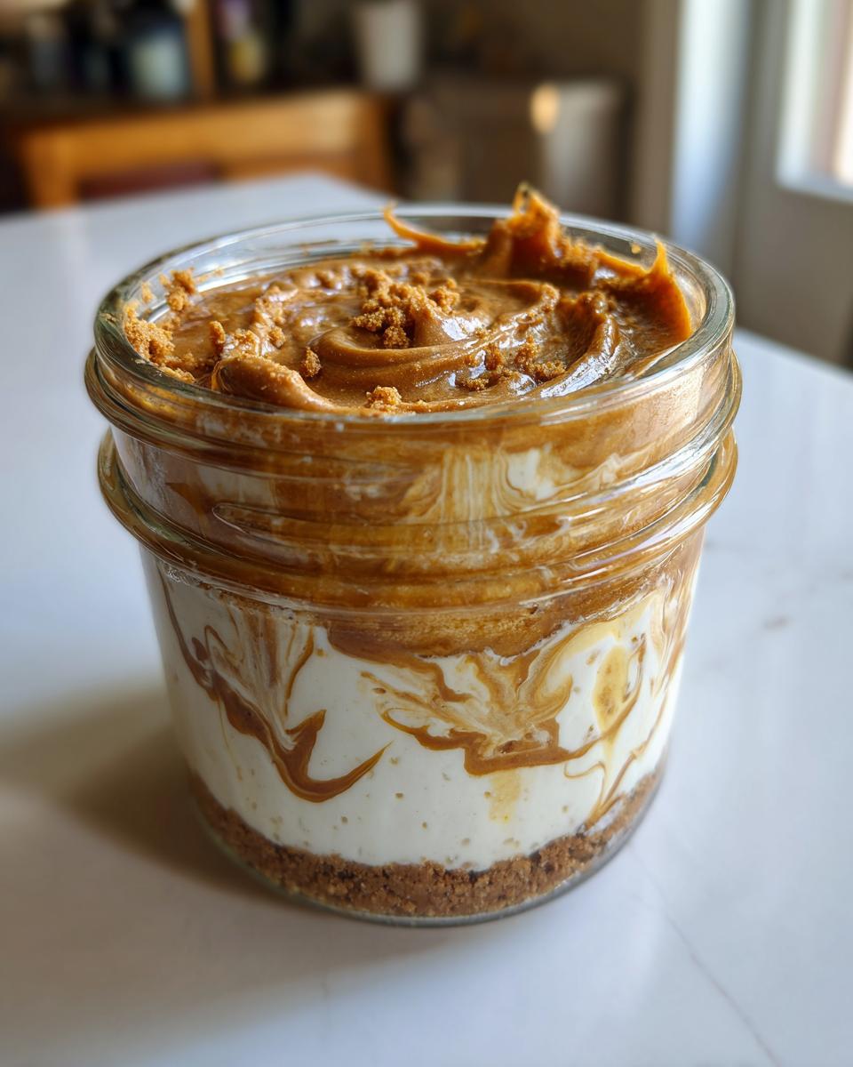 Nahaufnahme eines geschichteten Lotus-Biscoff-Cheesecake im Glas mit Keksboden und cremiger Füllung.