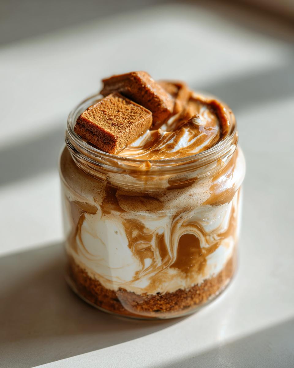Nahaufnahme eines cremigen Lotus-Biscoff-Cheesecake im Glas mit Keksstückchen obenauf.