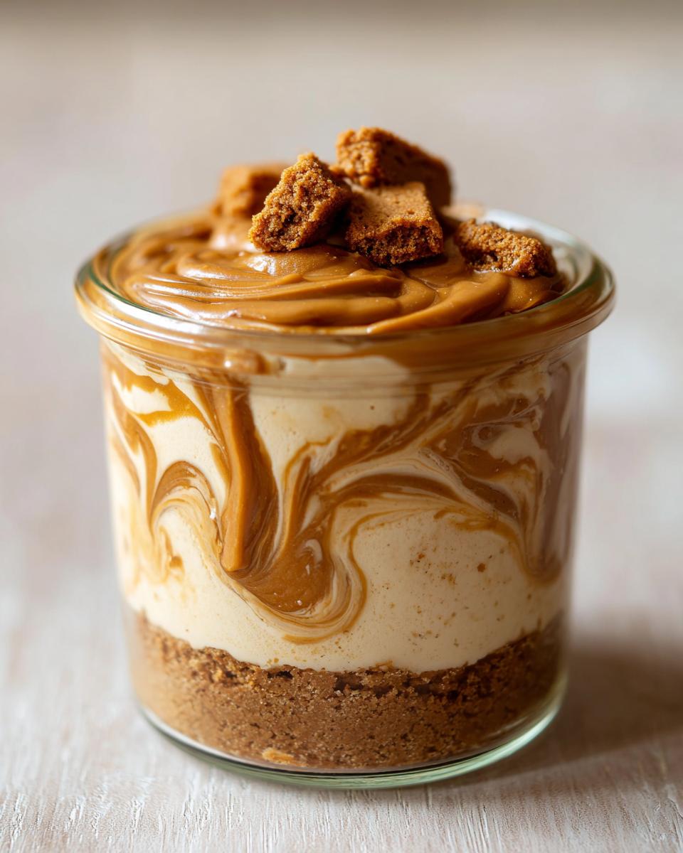 Nahaufnahme von einem fertigen Lotus-Biscoff-Cheesecake im Glas mit Keksstückchen obenauf.