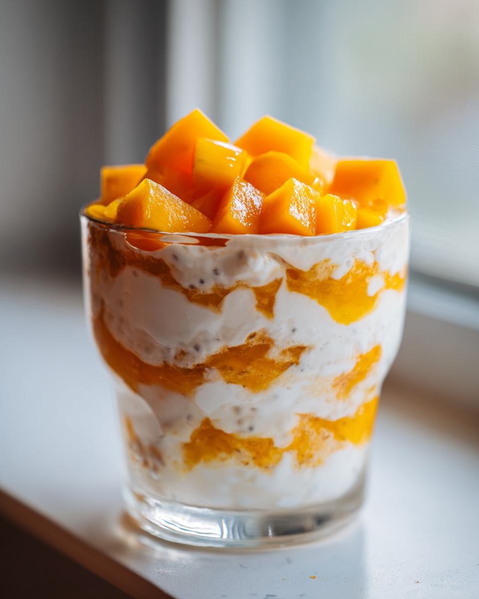 Nahaufnahme eines geschichteten Mango-Kokos-Chia-Pudding mit frischen Mangowürfeln obenauf.