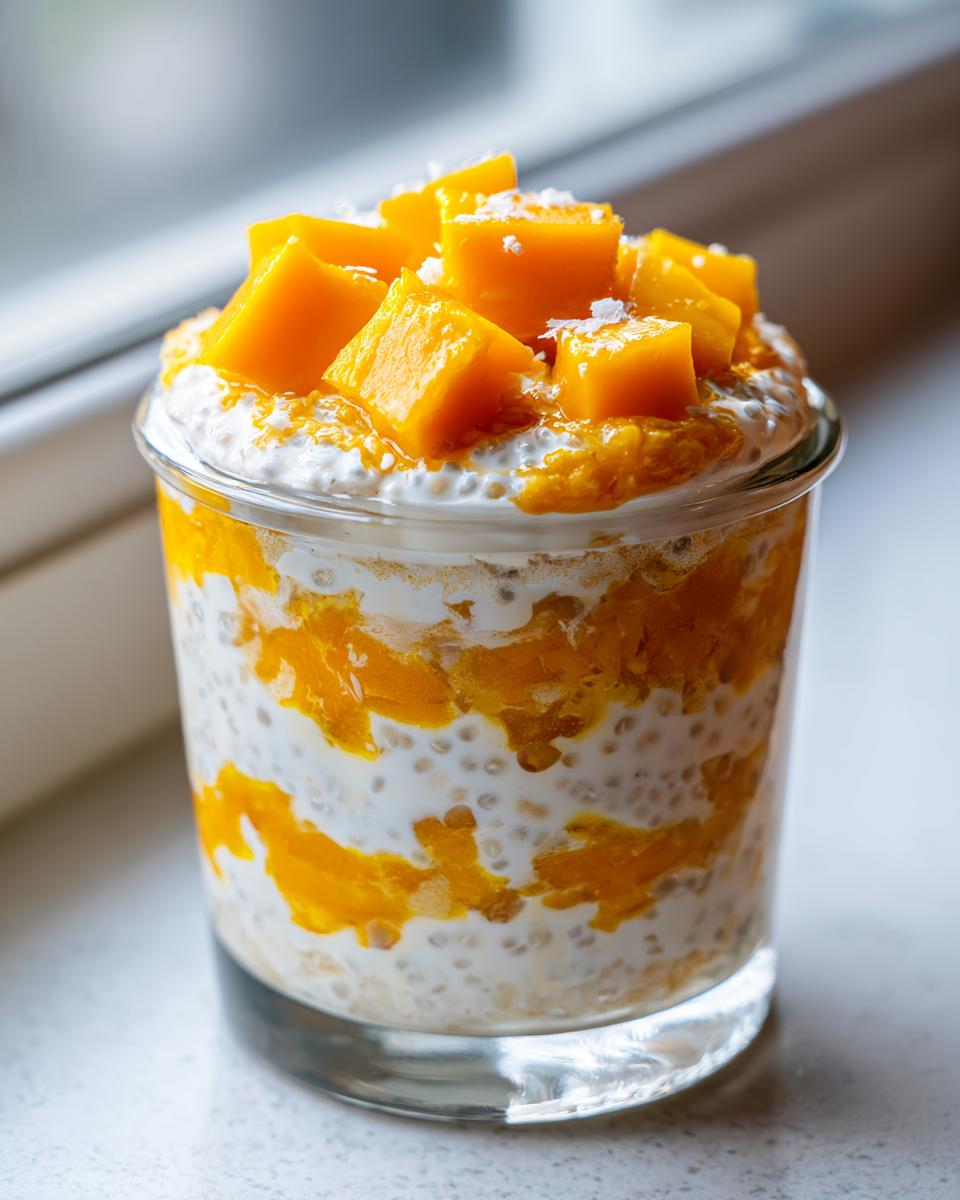 Ein Glas Mango-Kokos-Chia-Pudding, geschichtet mit Mango und Kokosmilch, garniert mit Mangowürfeln.