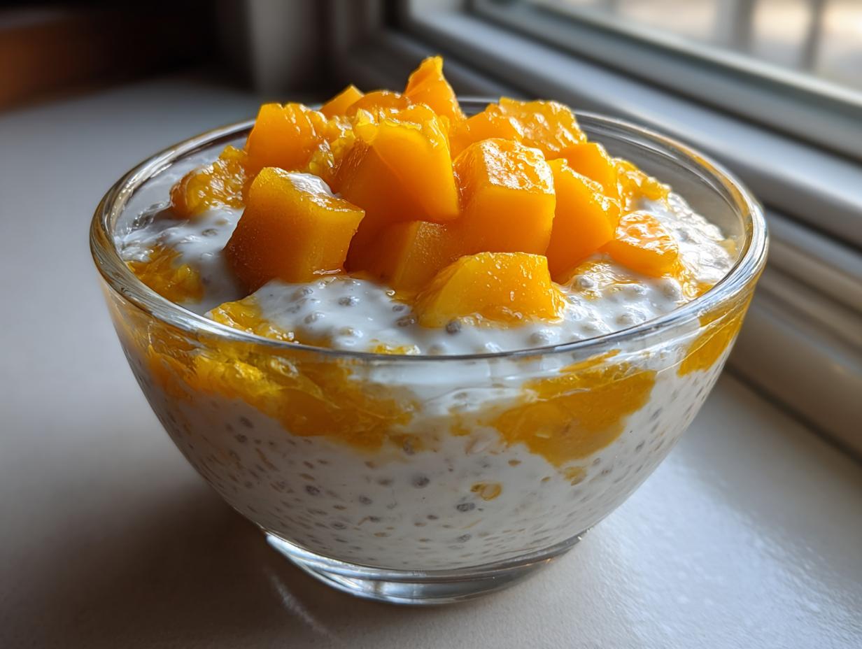 Mango-Kokos-Chia-Pudding: 2 Portionen fertig