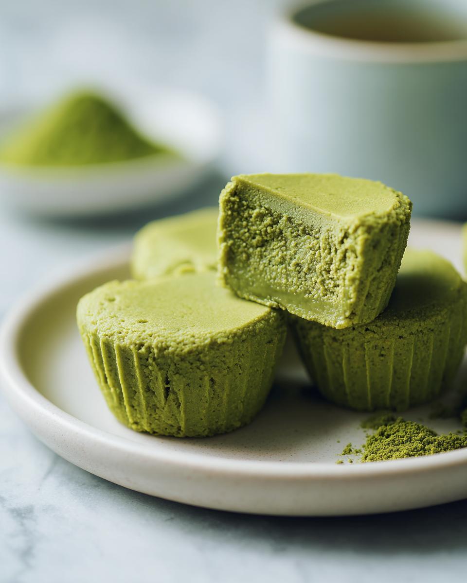 Nahaufnahme von saftigen Matcha-Cheesecake-Bites auf einem Teller, einer davon angeschnitten, mit Matcha-Pulver im Hintergrund.