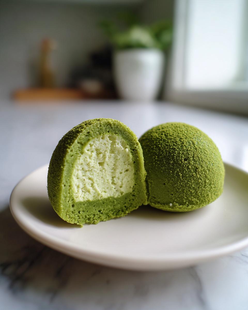 Zwei Matcha-Cheesecake-Bites auf einem Teller, einer davon halbiert, um die cremige Füllung zu zeigen.