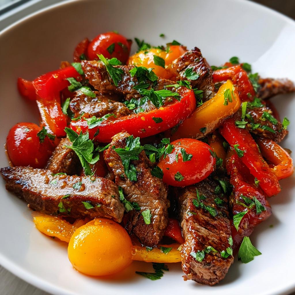 Zart gebratenes Fleisch mit bunten Paprikastreifen und Kirschtomaten in der Mediterranen Steakpfanne.