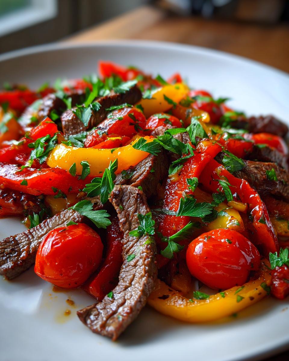 Nahaufnahme einer Mediterranen Steakpfanne mit saftigen Steakstreifen, roten und gelben Paprikastreifen und Kirschtomaten.