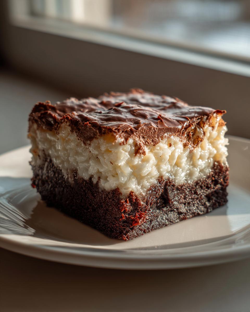 Ein einzelnes Stück Milchreis-Brownies mit einer cremigen Milchreisschicht und dunkler Schokoladenglasur auf einem Teller.