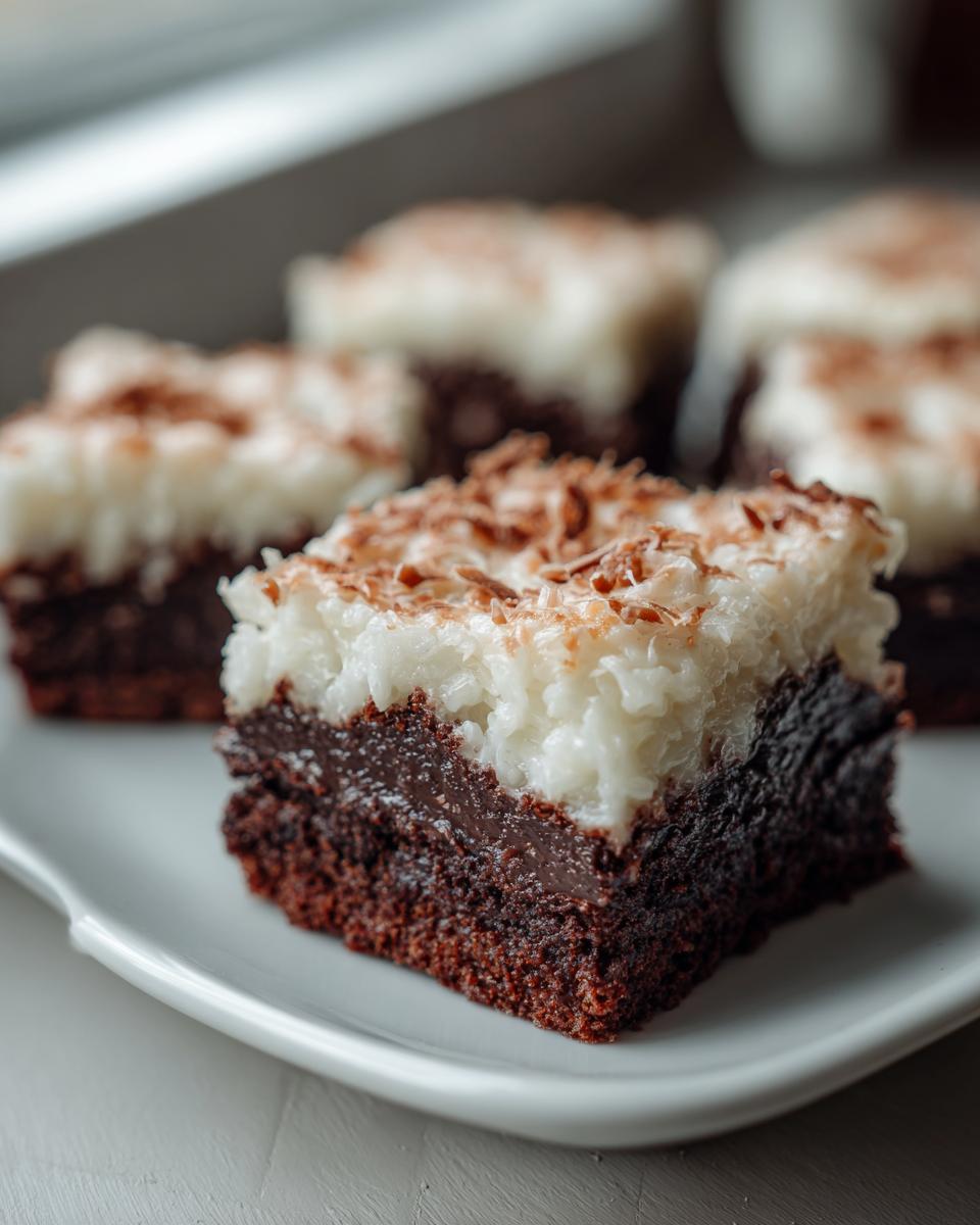 Nahaufnahme eines saftigen Milchreis-Brownies mit dunklem Schokoboden und weißer Milchreis-Kokos-Schicht.