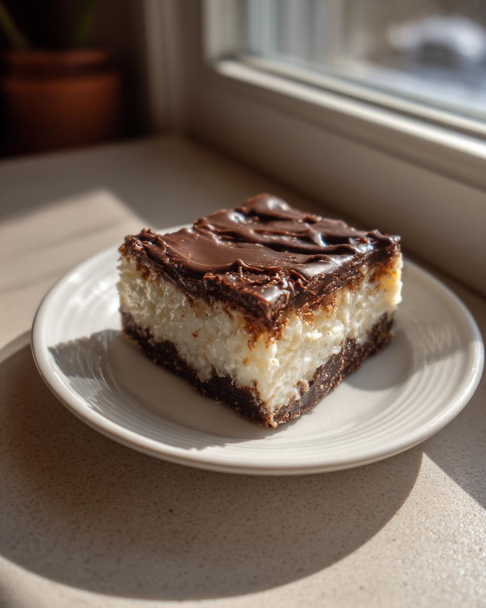Ein einzelnes Stück Milchreis-Brownies mit cremiger Milchreisschicht und dunkler Schokoladenglasur auf einem Teller.