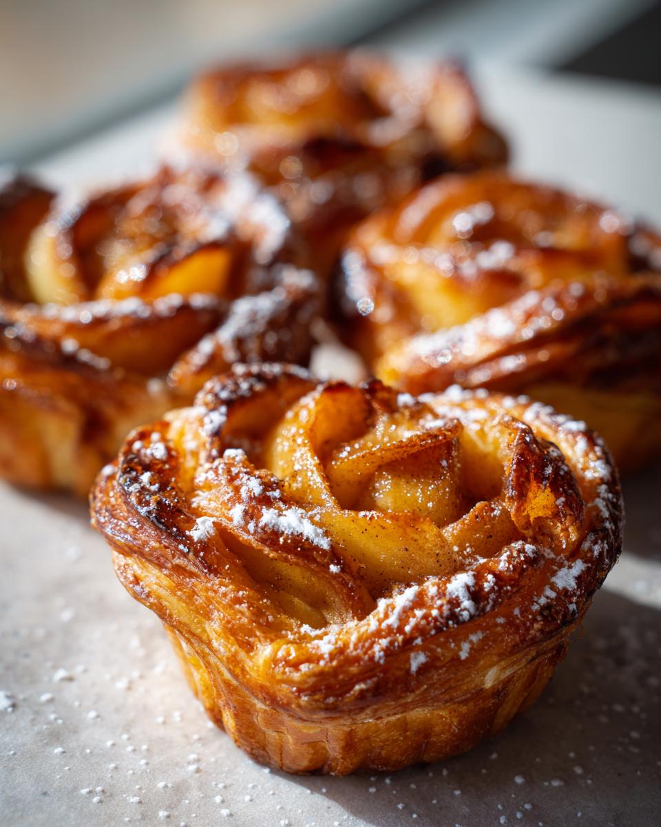 Nahaufnahme von goldbraunen Mini-Apfelrosen aus Blätterteig, bestäubt mit Puderzucker.