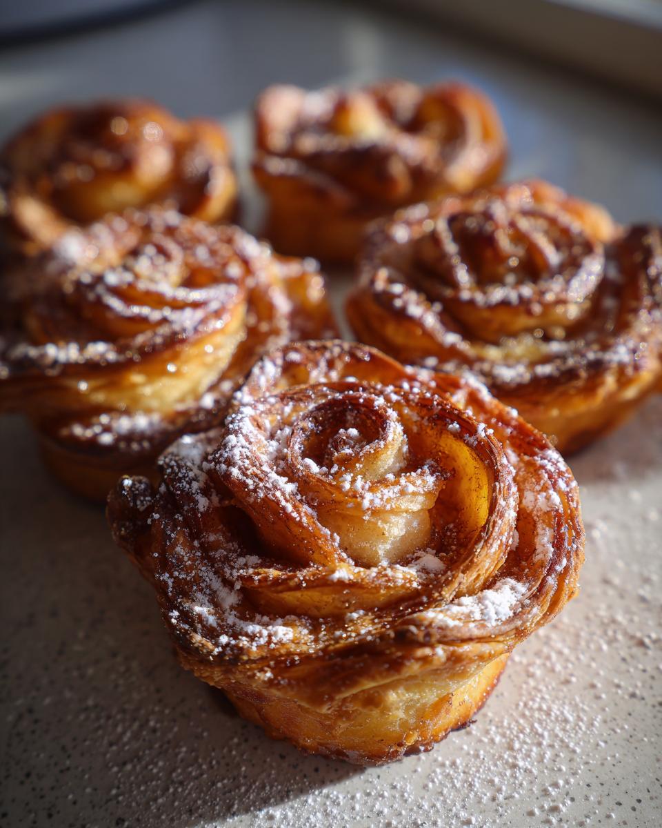 Nahaufnahme von mehreren goldbraunen Mini-Apfelrosen aus Blätterteig, bestäubt mit Puderzucker.