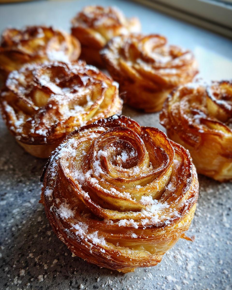 Nahaufnahme von goldbraunen Mini-Apfelrosen aus Blätterteig, bestäubt mit Puderzucker.
